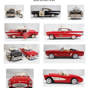 May include: A collection of vintage die-cast model cars and a motorcycle. The cars are red and black and include a police car, a fire truck, a convertible, and a classic car. The motorcycle is black and has a sidecar. The cars and motorcycle are in like new condition.