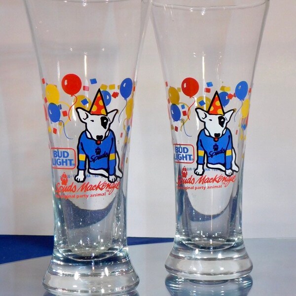 Spuds Mackenzie Bud Light Tall Beer Glasses 1987. Set of 2