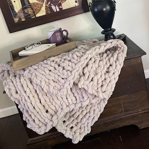 Hand Knit Chunky Chenille Blanket: Pale Gray Afghan (45x60 inches)