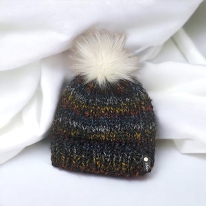 Chunky Knit Hat | Chunky Black Beanie | Hand Knit Hat with Pom | Large Pom Hat