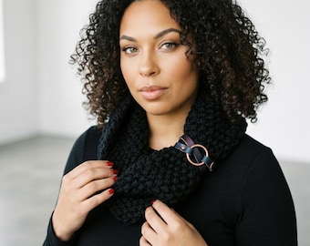 Black Knit Infinity Cowl Scarf | Chunky Neck Warmer |Wool Blend Winter Scarf | Handmade Gift for Women| Hidden Light