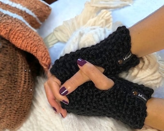 Guantes negros de punto sin dedos / Mitones acrílicos hechos a mano para escribir mensajes de texto
