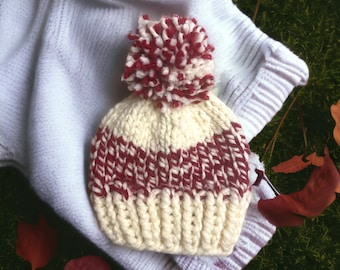 Baby Knit Hat | Red & Cream Baby Hat | 6-12m Hand Knit Baby Hat