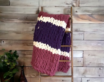 Handmade Knit Blanket - Chunky Hand Knit Purple Blanket - Chunky Afghan - Big Chunky Blanket- Big Knit Blanket- Chunky Knit Blanket