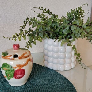 May include: A white ceramic sugar bowl with a lid and a floral design featuring red apples and green leaves. The bowl is sitting on a green placemat. A white ceramic planter with a textured surface holds a green plant.
