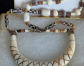 Bone Crescent Pendant Necklace: Natural Bone Beads