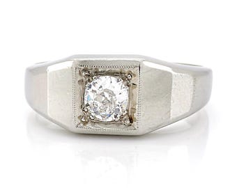 Anillo Art Déco de oro blanco de 14 quilates con diamante de talla europea antigua, talla 7.75.