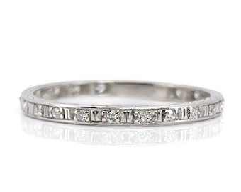 Anillo de eternidad de platino Art Déco con diamantes de talla única, talla 8.5