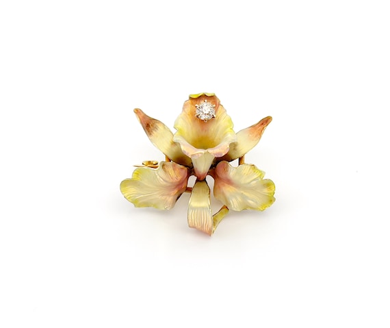 Antique Whiteside & Balnk 14k Iridescent Enamel Orchid Brooch