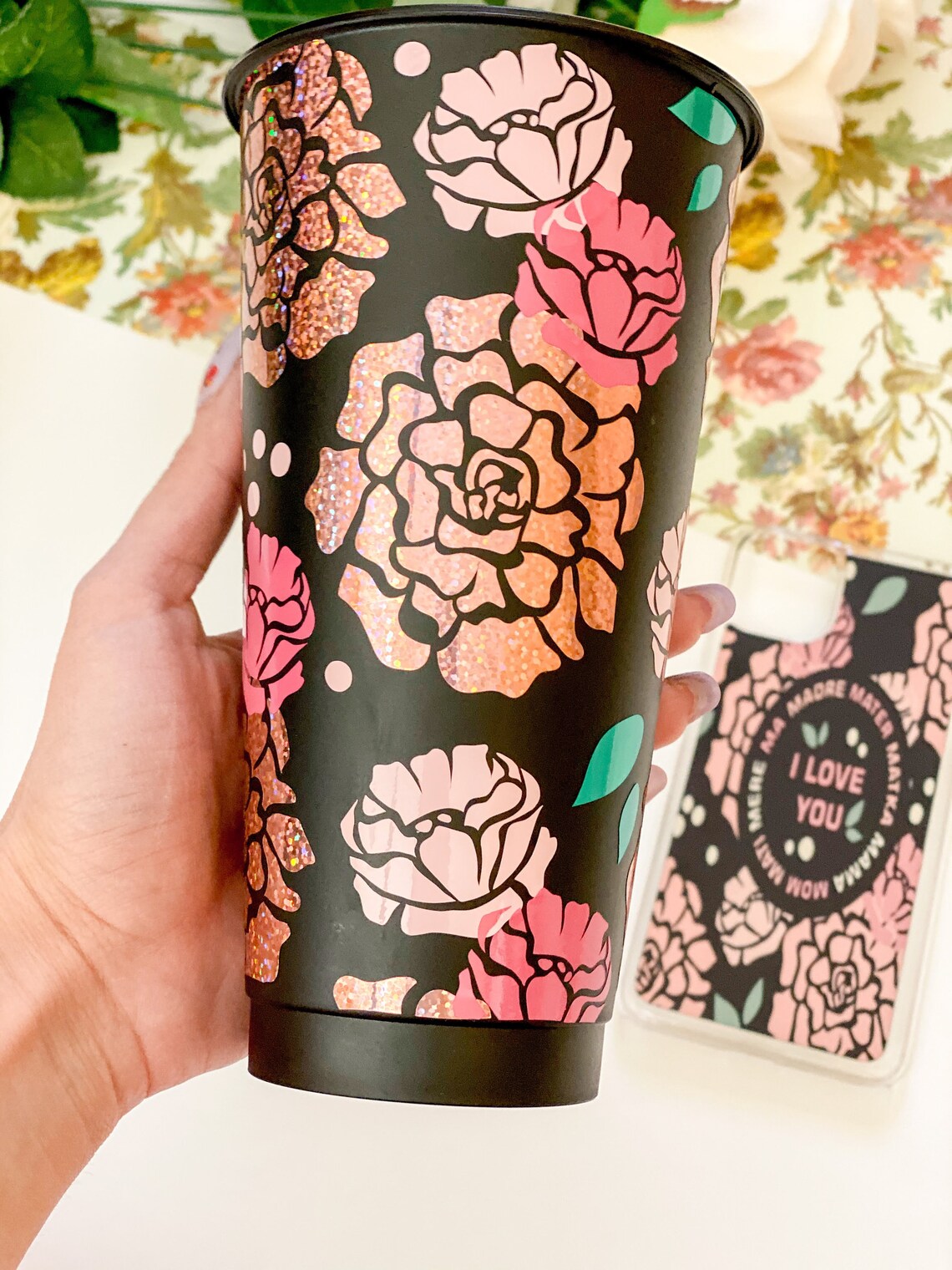 Black matte cup// mothers day cup// Peonies cup// Mothers ...