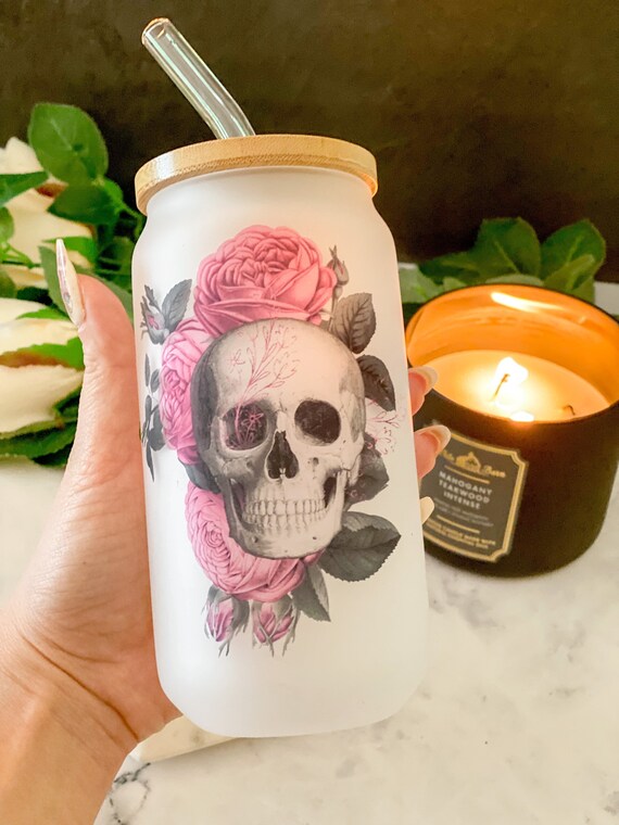 Dead Without Coffee 18oz frosted glass cup colorful skeleton design w/  bamboo lid & straw