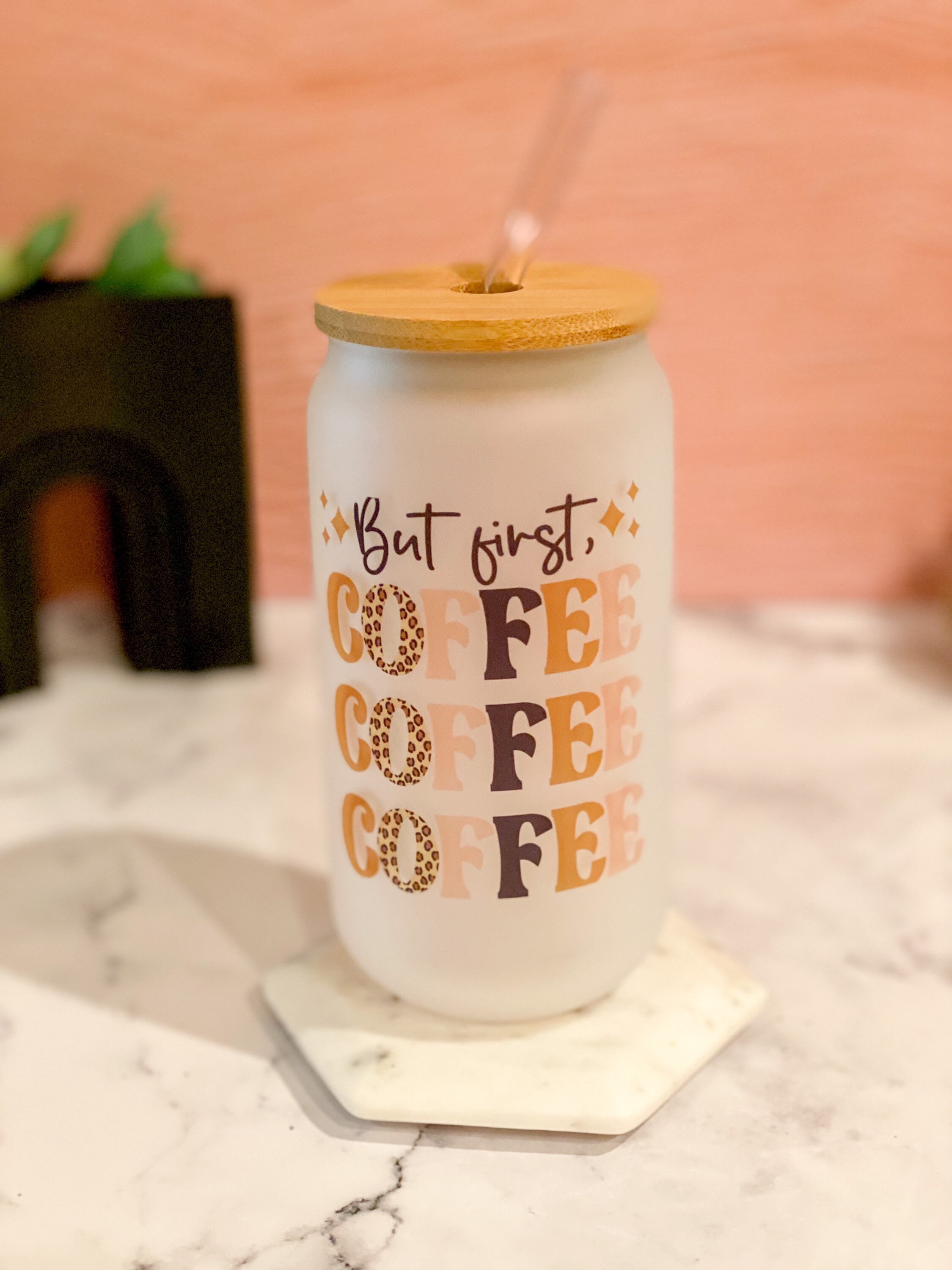 Coffee First Cup// Frosted Beer Can Glass// 18 Oz Frosted Beer Can With  Bamboo Lid and Straw// 