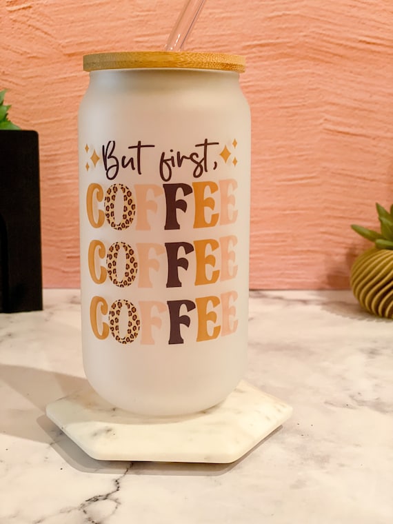 Coffee First Cup// Frosted Beer Can Glass// 18 Oz Frosted Beer Can With  Bamboo Lid and Straw// 