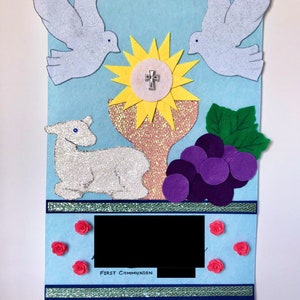 パーソナライズされた初聖体拝領のピューバナー、ラインストーンなし / プリメーラ聖体拝領の象徴