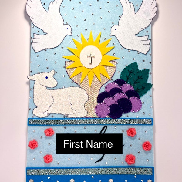 Personalized First Communion Pew Banner with rhinestones/ Primera Comunión banderín con diamantes de imitación