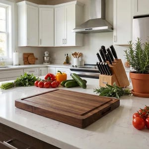 May include: A wooden cutting board with a dark brown finish sits on a white countertop in a kitchen. Fresh vegetables, including tomatoes, cucumbers, and bell peppers, are arranged nearby. A knife block and potted rosemary are also visible.