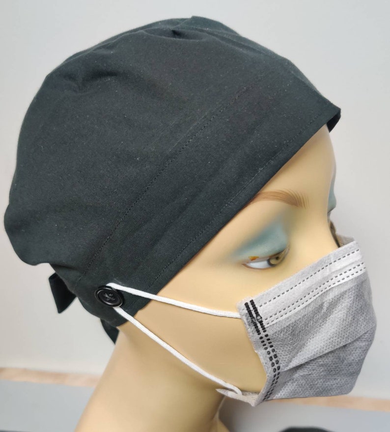 Nurse Cap Surgical Cap PPE Black With Buttons Cotton Tie Etsy