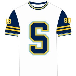May include: White jersey-style t-shirt with navy blue sleeves and accents. The shirt features a large number "5" in navy blue with a light blue outline on the front. The sleeves have the numbers "18" and "80" in gold.