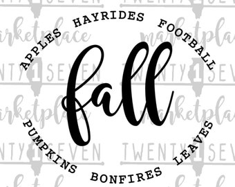 May include: Black and white graphic design with the word "fall" in a cursive font. The word is surrounded by a circle of fall-themed words, including "apples", "hayrides", "football", "pumpkins", "bonfires", and "leaves".