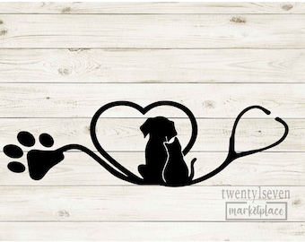 May include: Black silhouette of a dog and cat inside a heart shape with a stethoscope attached to a paw print. The text "twentyseven marketplace" is at the bottom of the image.