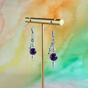 Natural Amethyst Drop Earrings for Women, dangle stainless steel Earring with Amethyst gemstone bead, Handmade stone protection earrings