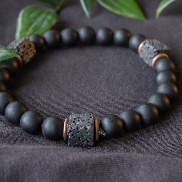 Matte Black Onyx with Cube Lava Balance Bracelet, Strength Bracelet, Grounding stone for confidence, Protection Bracelet, Anxiety Bracelet
