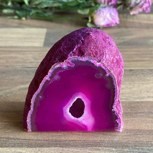 Pink Dyed agate Cut base geode- free standing #1