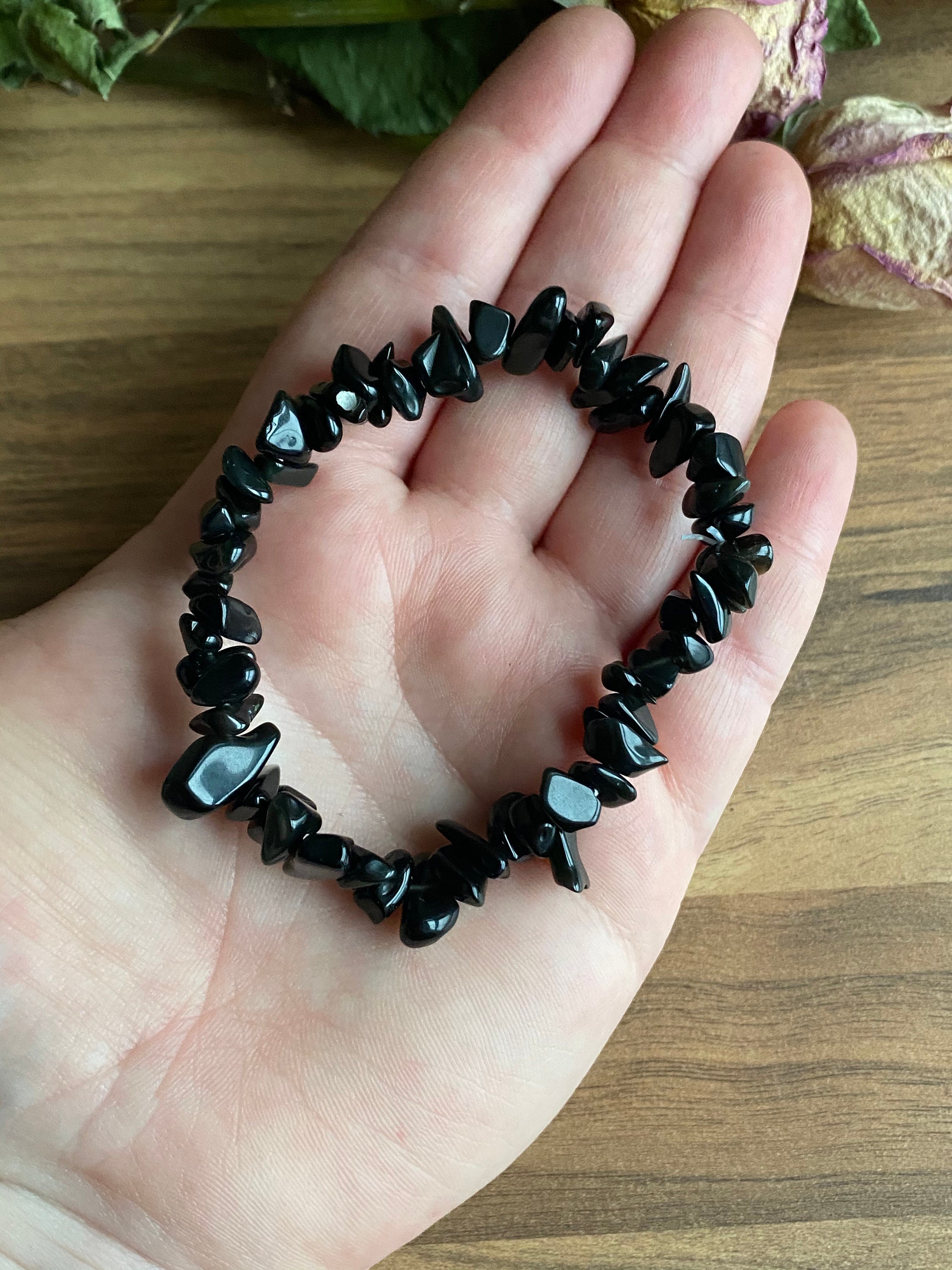 Black obsidian crystal chip bracelet Etsy