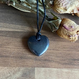 Hematite crystal heart pendant Necklace on adjustable black cord