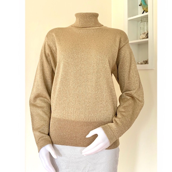 1990s metallic gold merino wool turtleneck sweater - image 3