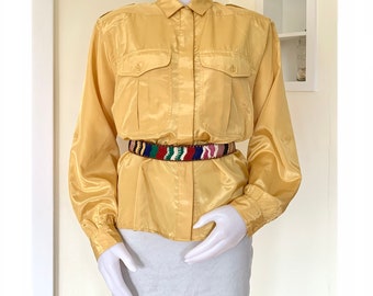 1990s yellow satin long sleeve blouse military safari style by Avon Fashions