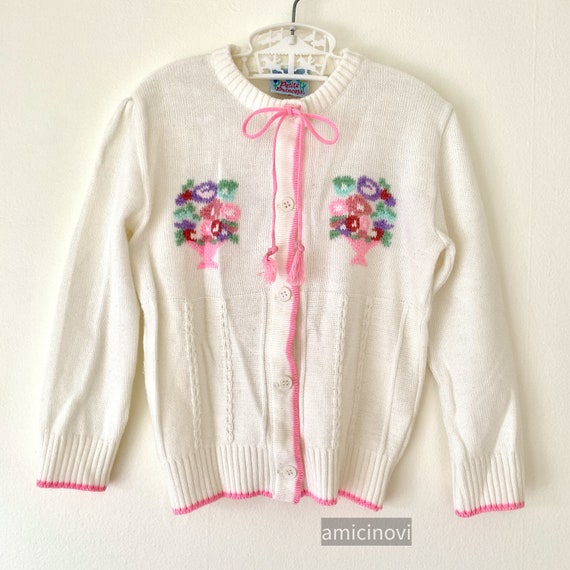 Vintage cream cardigan with floral bouquets and p… - image 1