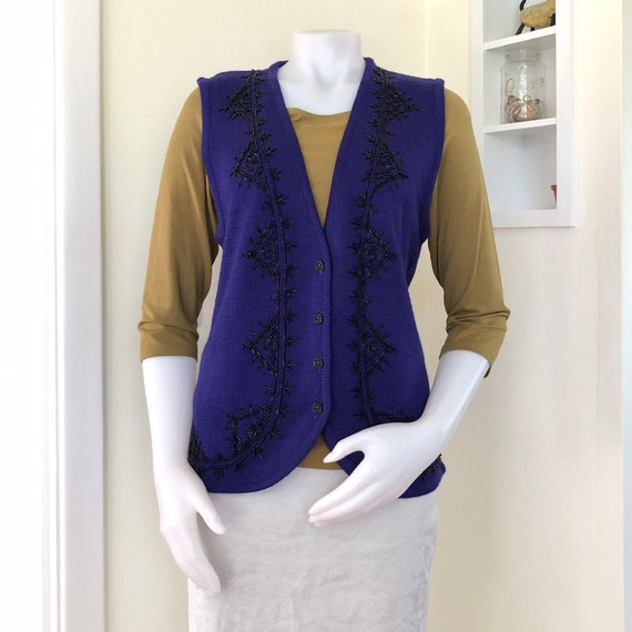 Vintage dark purple knit black beaded vest by Kor… - image 6
