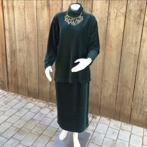 1980s velour turtleneck and long skirt dark green set