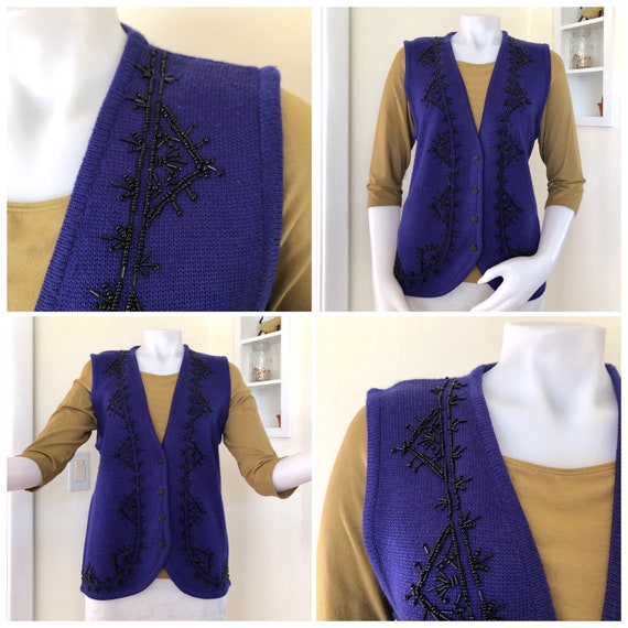 Vintage dark purple knit black beaded vest by Kor… - image 2