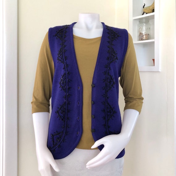 Vintage dark purple knit black beaded vest by Kor… - image 3