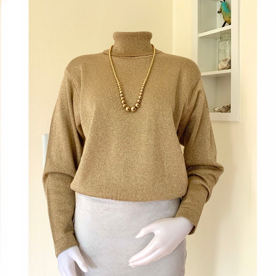 1990s metallic gold merino wool turtleneck sweater - image 1