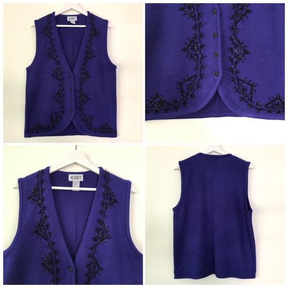 Vintage dark purple knit black beaded vest by Kor… - image 7
