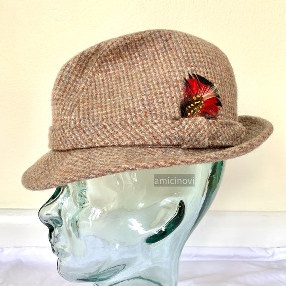 Vintage Harris Tweed wool trilby fedora hat with f