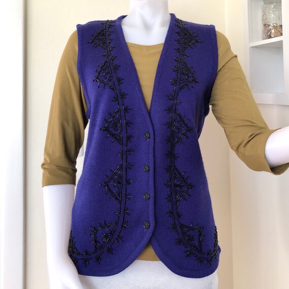 Vintage dark purple knit black beaded vest by Kor… - image 1