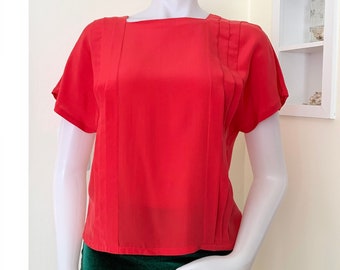 1980s red silk pleated front short sleeve blouse