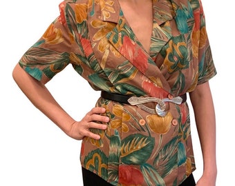 1980s Tropical floral print rayon linen short sleeve blouse