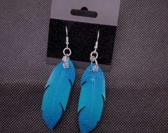 Feather Dangle Earrings, Blue Glitter, Glow in the Dark