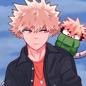 Puede incluir: Una ilustración de dibujos animados de un joven con el pelo rubio de punta que lleva una chaqueta negra sobre una camiseta roja. Está sentado con las piernas cruzadas y tiene una expresión seria en la cara. Hay tres bombas de dibujos animados con ojos rojos y mechas verdes detrás de él.