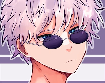 May include: A digital illustration of a person with white hair wearing sunglasses. The person is wearing a purple shirt and has a serious expression.