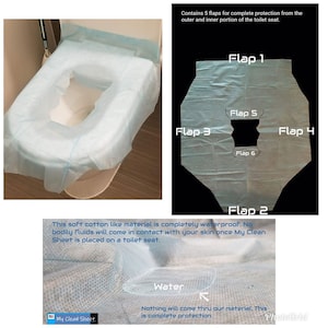 May include: A blue toilet seat cover with five flaps for complete protection. The cover is made of a soft, cotton-like material that is waterproof. The text "My Clean Sheet" is visible in the image.