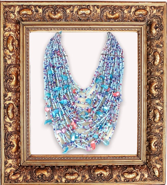 Vintage 1980s multi strand blue seed beads & shel… - image 1
