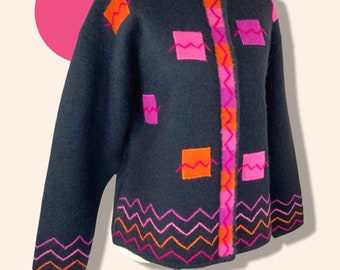 VINTAGE TIMBERLEA 100% super soft wool black abstract pink cardigan size M