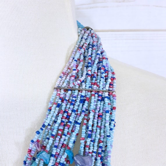 Vintage 1980s multi strand blue seed beads & shel… - image 4