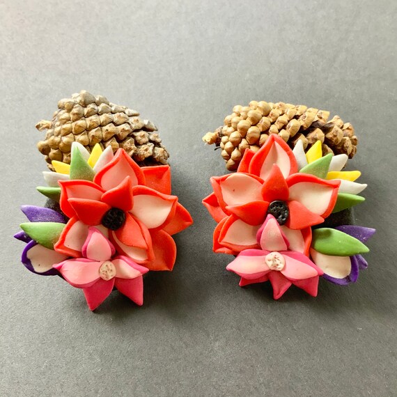 Earrings floral flower Polymer clay flower cluste… - image 3